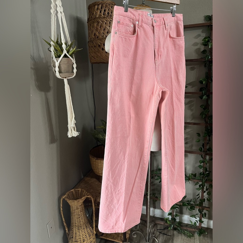 ▪️Free People High Rise Pink Pinstripe Striped Astoria Wide Straight Leg - Picture 4 of 15